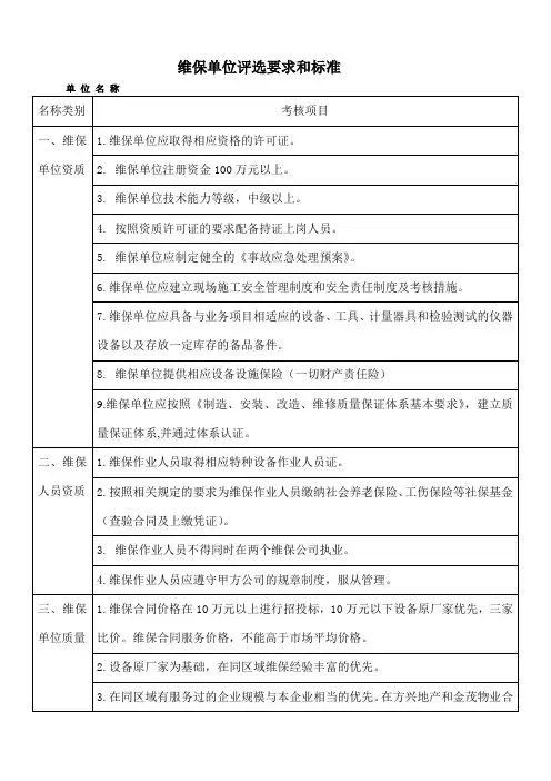 评定维保单位要求标准