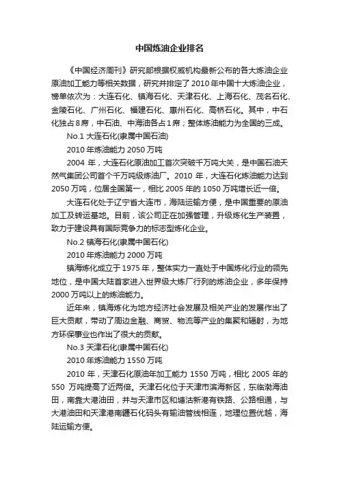 中国炼油企业排名