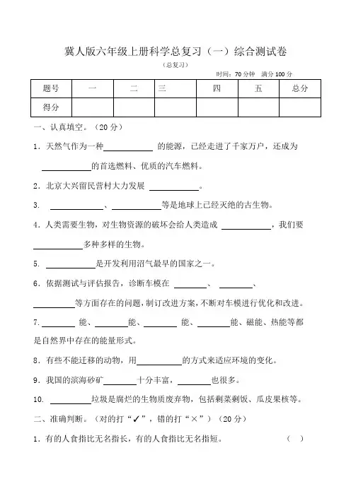 2024冀人版六年级上册科学总复习(一)综合测试卷(含答案).doc