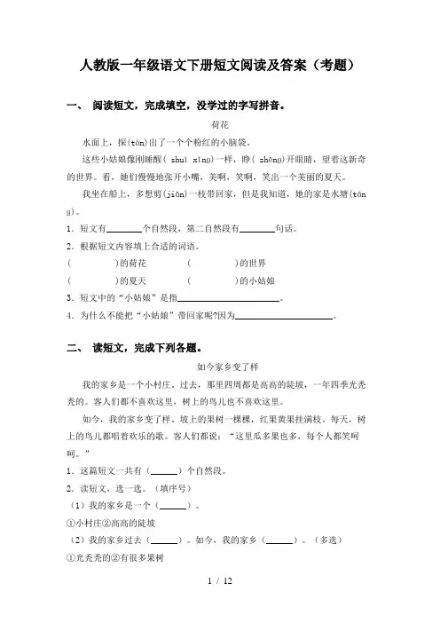 人教版一年级语文下册短文阅读及答案(考题)
