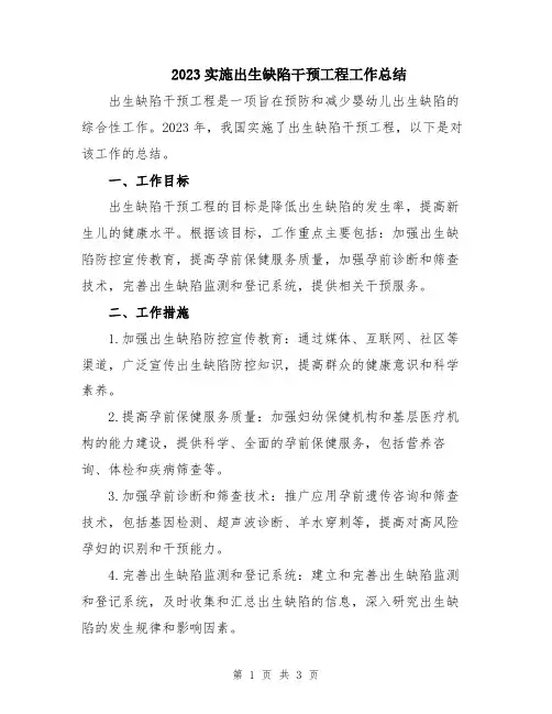 2023实施出生缺陷干预工程工作总结