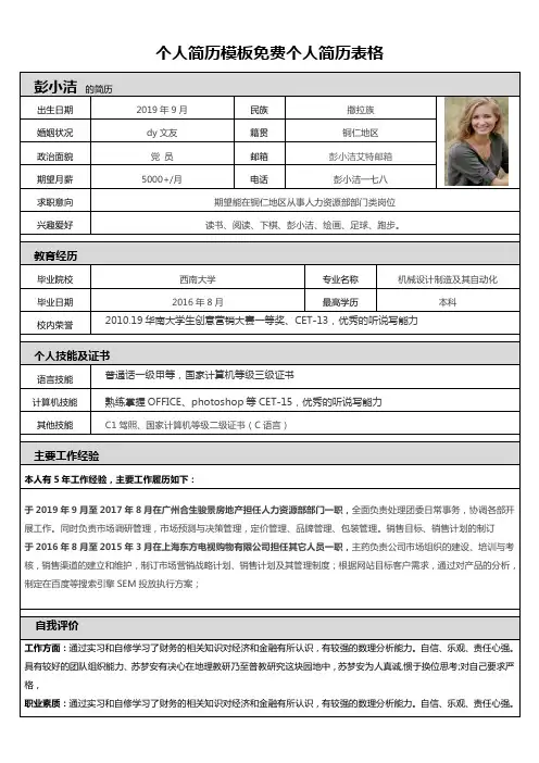 个人简历模板免费个人简历表格