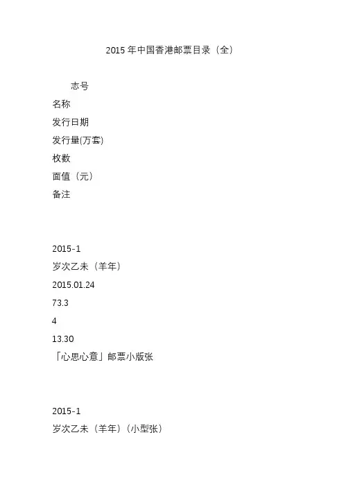 2015年中国香港邮票目录(全)