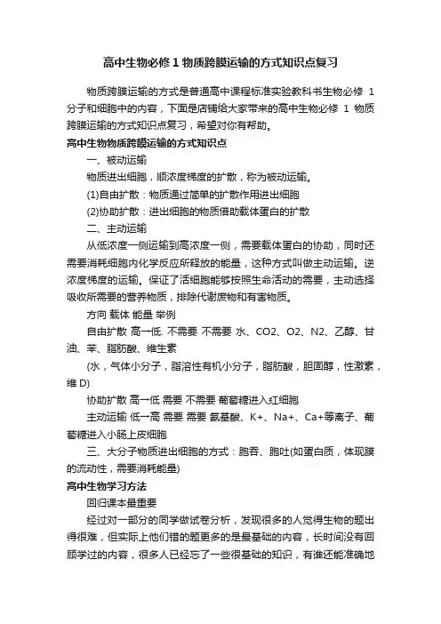 高中生物必修1物质跨膜运输的方式知识点复习