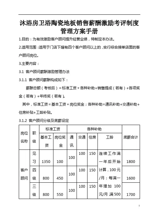 沐浴房卫浴陶瓷地板销售薪酬激励考评制度管理方案手册