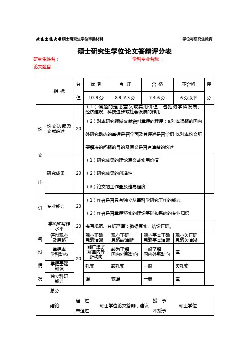 硕士研究生学位论文答辩评分表【模板】
