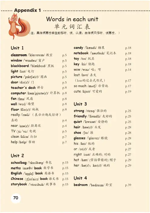 人教版英语四年级上册单词表
