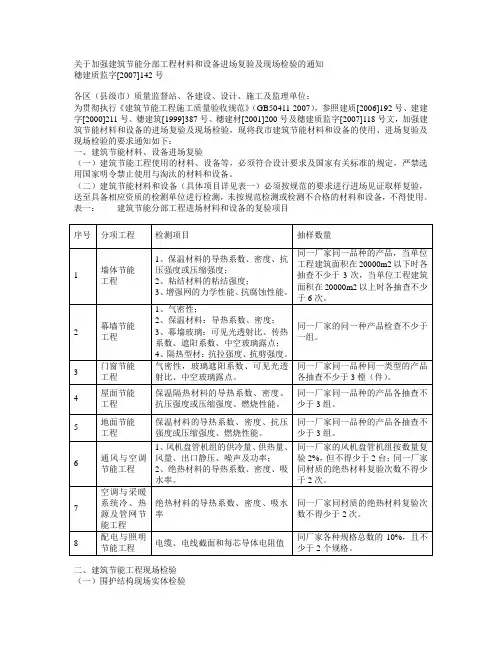 穗建质监字[2007]142号关于加强建筑节能分部工程材料和设备进场复验及现场检验的通知