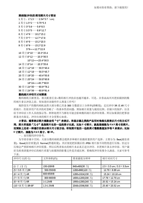 照相馆(冲印店)常用照片尺寸常识
