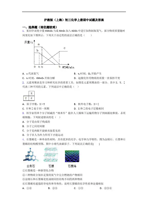 沪教版(上海)初三初三化学上册期中试题及答案