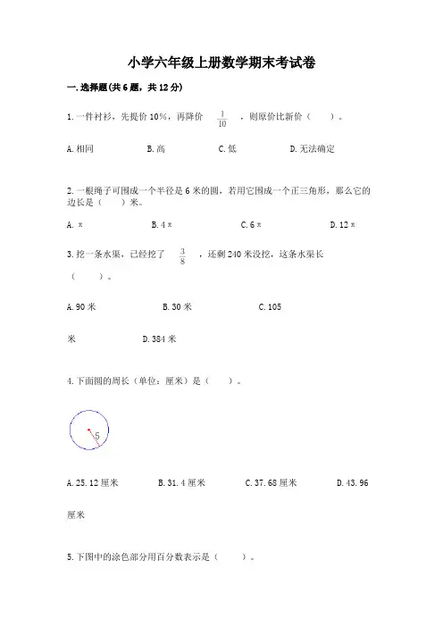 小学六年级上册数学期末考试卷(完整版)