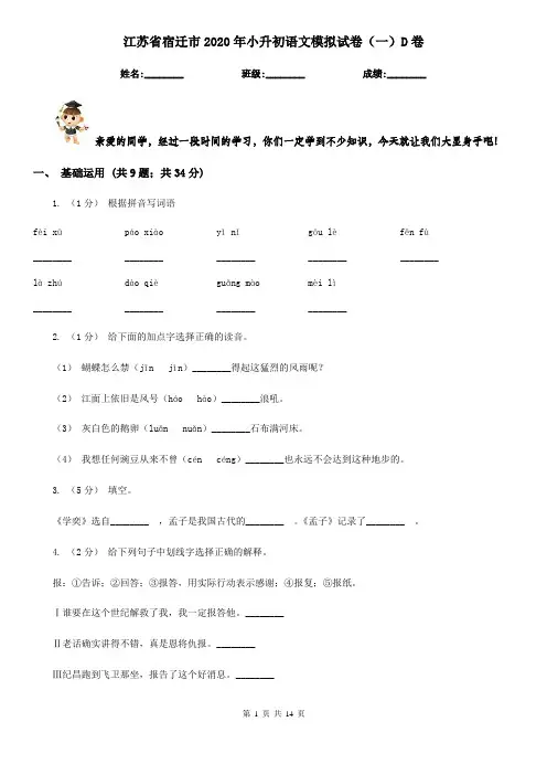 江苏省宿迁市2020年小升初语文模拟试卷(一)D卷