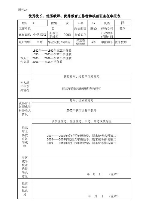 优秀校长、优秀教师、优秀教育工作者和模范班主任申报表