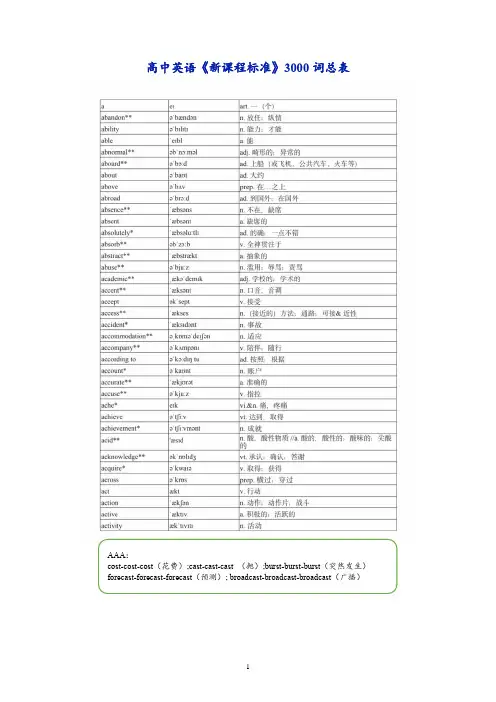2022高中新课程标准3000词汇总表(高考复习必背)