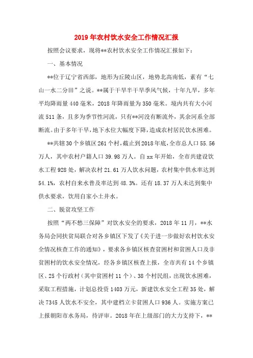 2019年农村饮水安全工作情况汇报