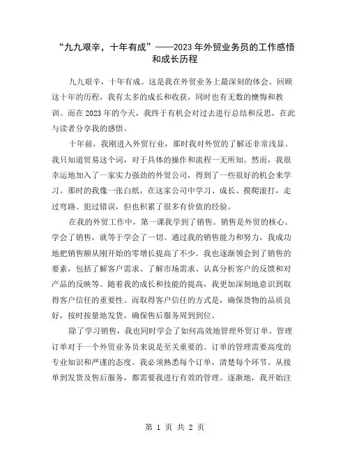 “九九艰辛,十年有成”——2023年外贸业务员的工作感悟和成长历程
