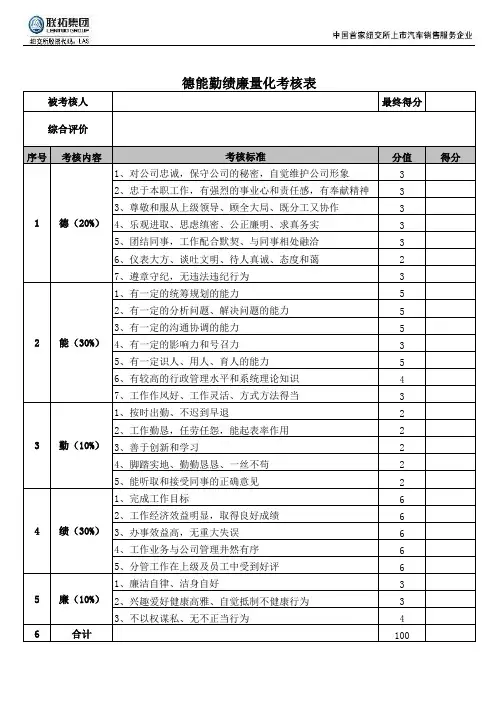德能勤绩廉量化考核表