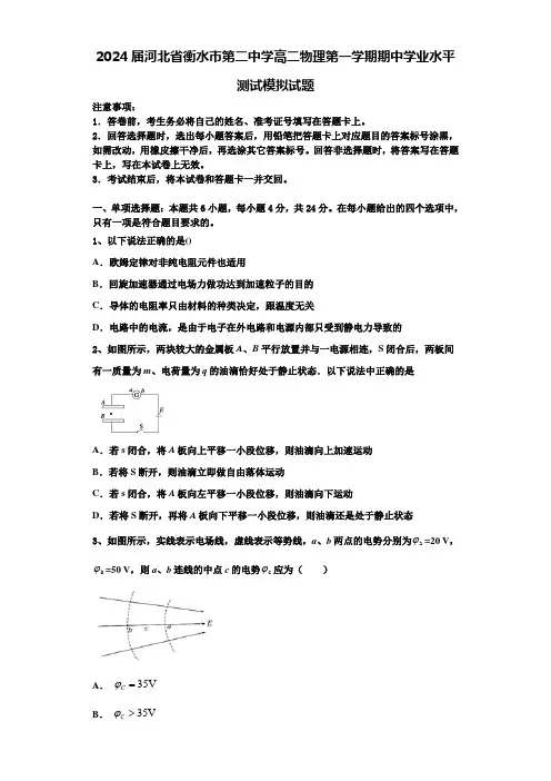 2024届河北省衡水市第二中学高二物理第一学期期中学业水平测试模拟试题含解析
