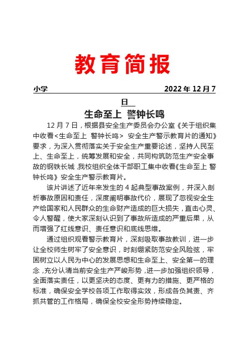 集中收看《生命至上 警钟长鸣》安全生产警示教育片简报