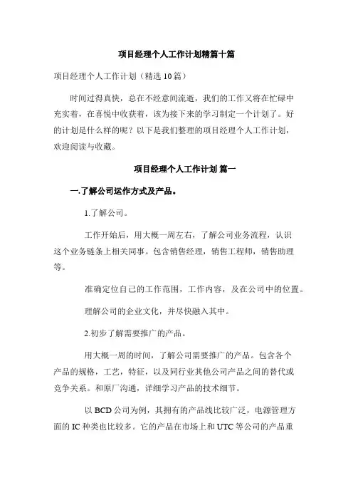 项目经理个人工作计划精篇十篇