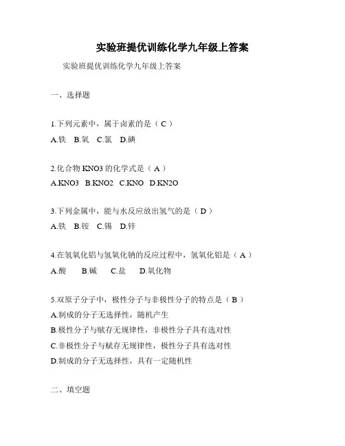 实验班提优训练化学九年级上答案