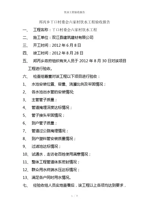 饮水工程验收报告参考模板