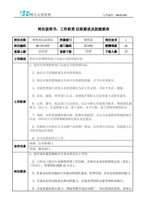 销售部长副部长岗位职责说明书和任职要求