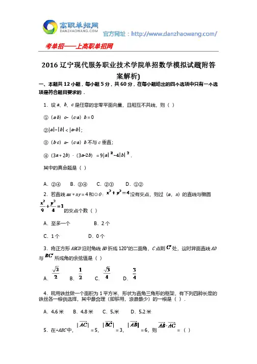 2016辽宁现代服务职业技术学院单招数学模拟试题（附答案解析）