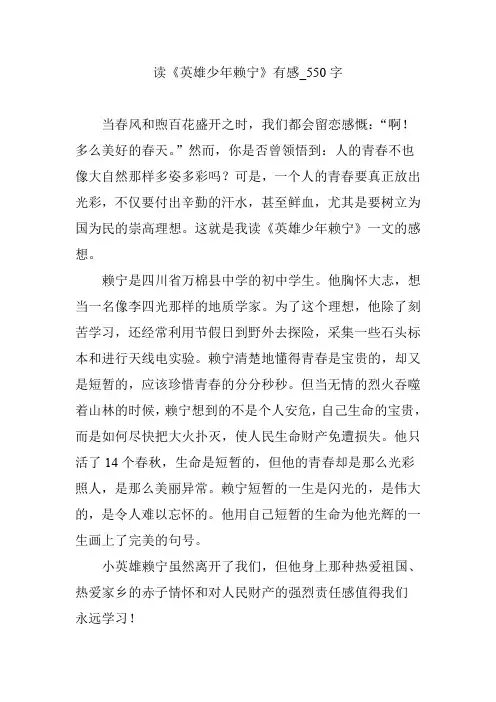 读《英雄少年赖宁》有感【作文案例】550字