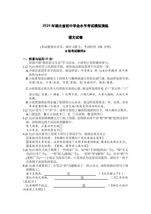 2024年湖北省初中学业水平考试模拟演练语文试卷
