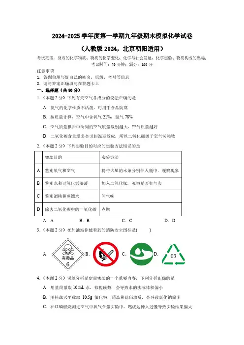 北京市朝阳区2024--2025学年九年级上学期期末模拟考试化学试卷(含解析)