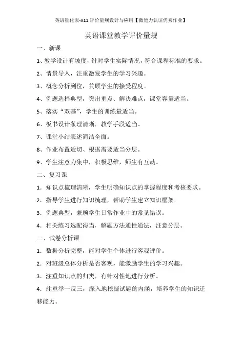 英语量化表-A11评价量规设计与应用【微能力认证优秀作业】