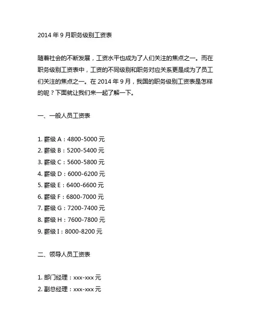 2014年9月职务级别工资表