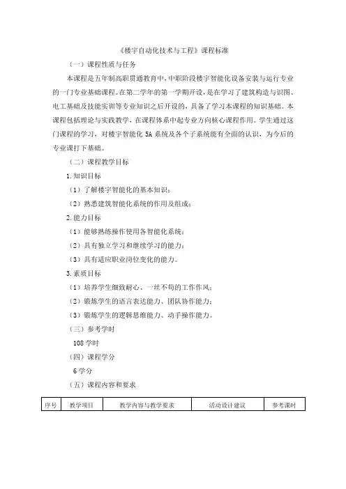 《楼宇自动化技术与工程》课程标准