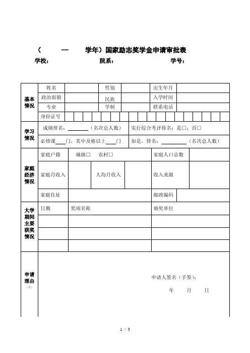 国家励志奖学金申请审批表