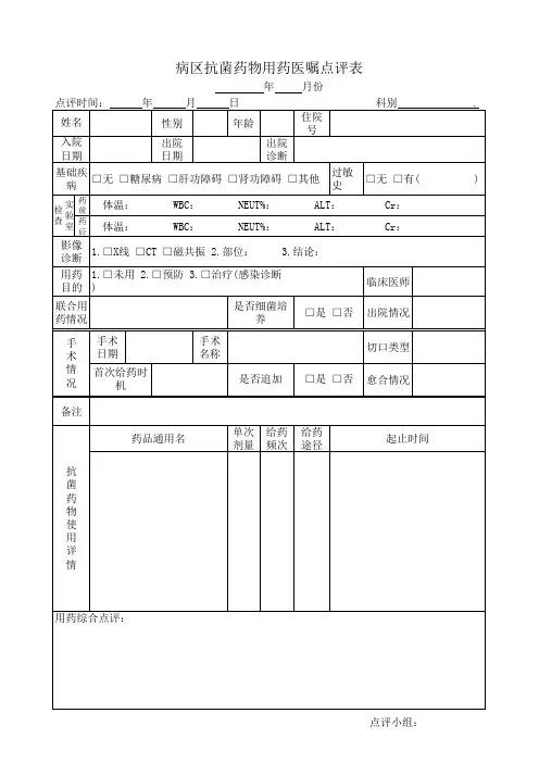 住院患者抗菌药物用药医嘱点评表