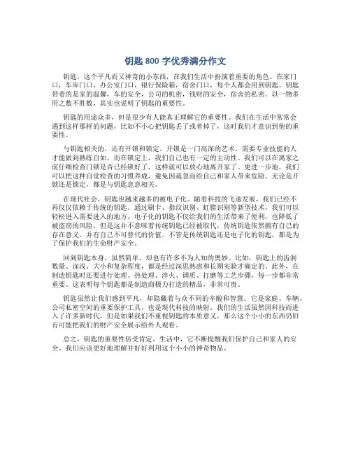 钥匙800字优秀满分作文