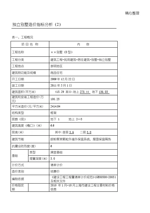 独立别墅造价指标分析