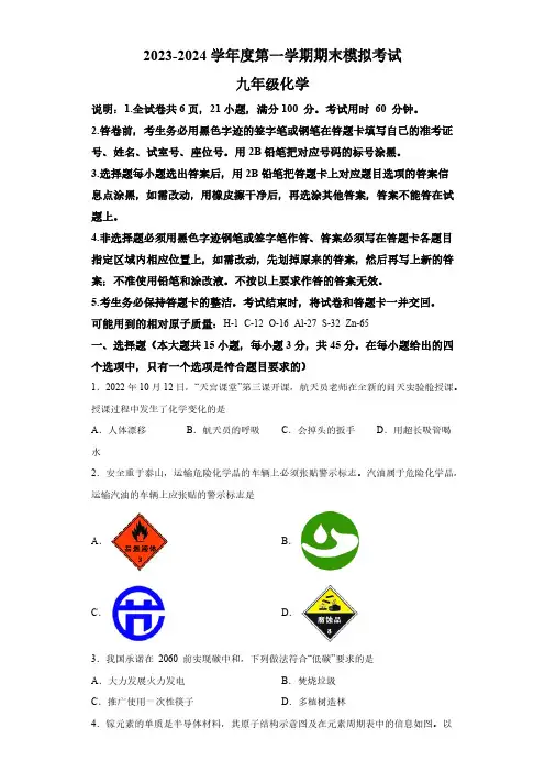广东省东莞市石碣新民学校2023-2024学年九年级上学期期末考试化学试题(含解析)