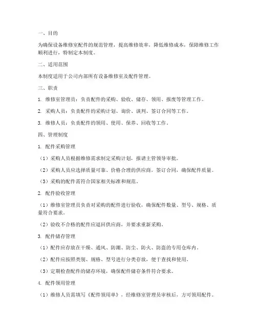 设备维修室配件管理制度范本