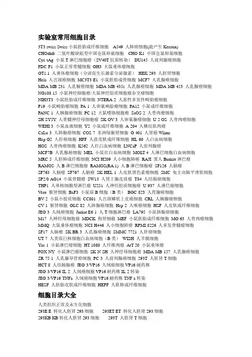 实验室常用细胞目录