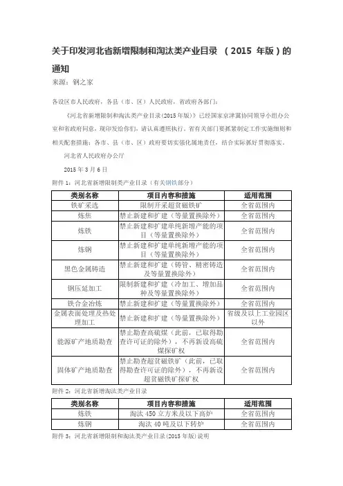 关于印发河北省新增限制和淘汰类产业目录 (2015年版)的通知