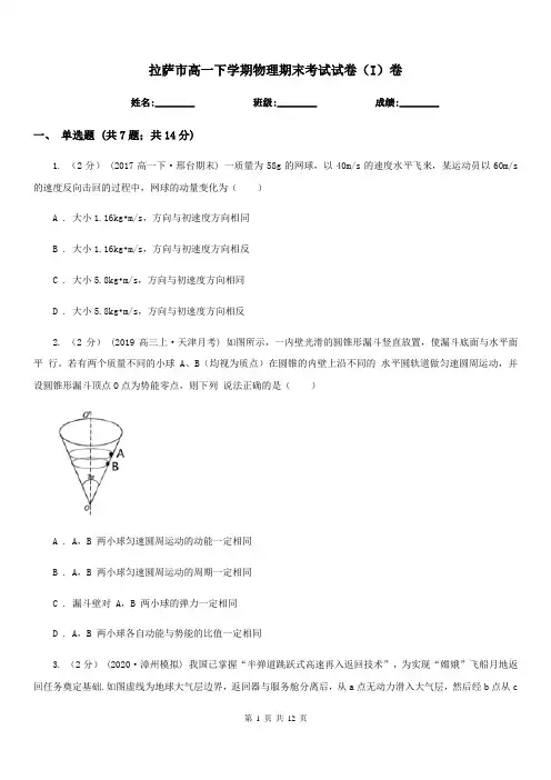 拉萨市高一下学期物理期末考试试卷(I)卷(测试)