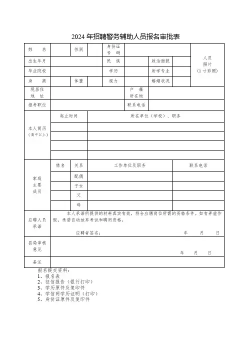 2024年招聘警务辅助人员报名审批表