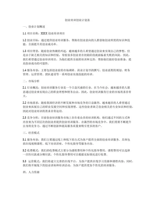 创业培训创业计划表
