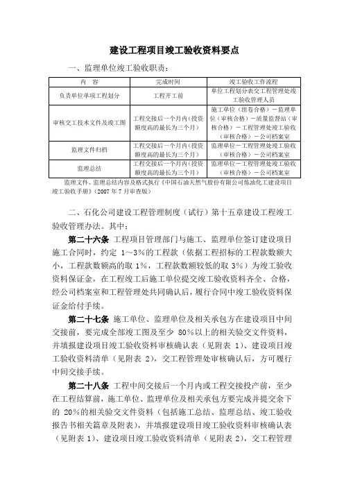 建设工程项目竣工验收资料要点