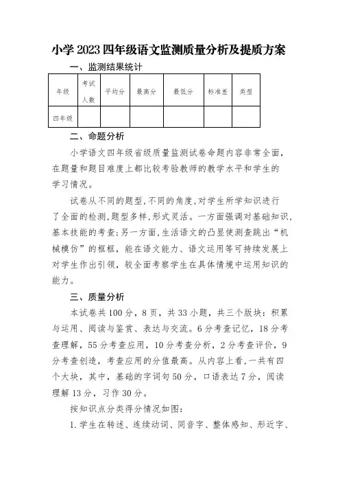 小学2023四年级语文监测质量分析及提质方案