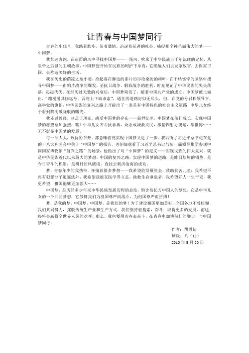 让青春与中国梦同行;征文;胡再超