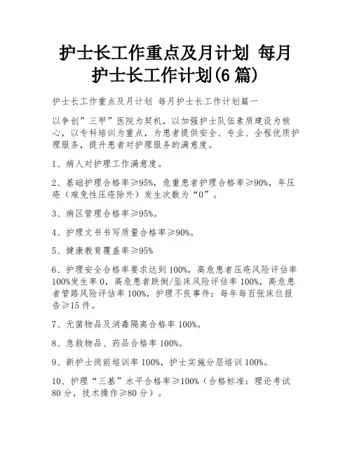 护士长工作重点及月计划 每月护士长工作计划(6篇)