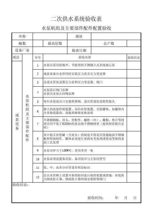 二次供水设备系统验收表